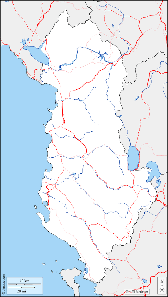 Albania : d-maps.com: mappa gratuita, mappa muta gratuita, cartina muta gratuita : frontiere, idrografia, strade