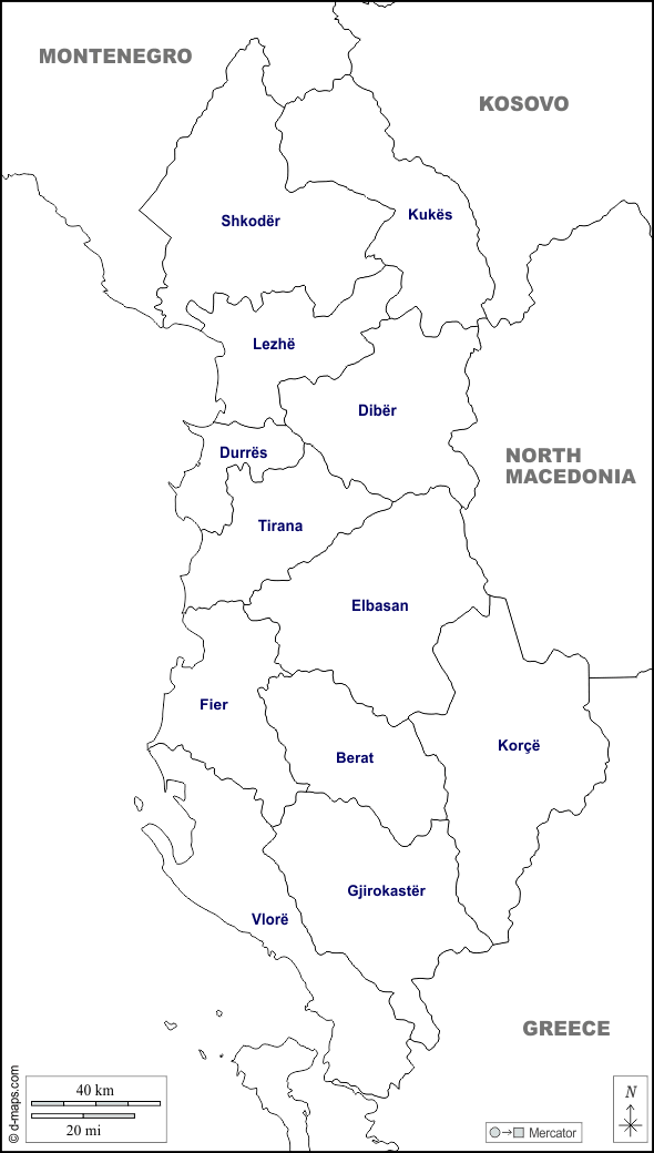Albanien : d-maps.com: Kostenlose Karten, kostenlose stumme Karte, kostenlose unausgefüllt Landkarte, kostenlose hochauflösende Umrisskarte : Grenzen, Präfekturen, Namen, weiß