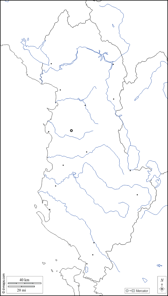 Albania : d-maps.com: mappa gratuita, mappa muta gratuita, cartina muta gratuita : frontiere, idrografia, principali città, bianco