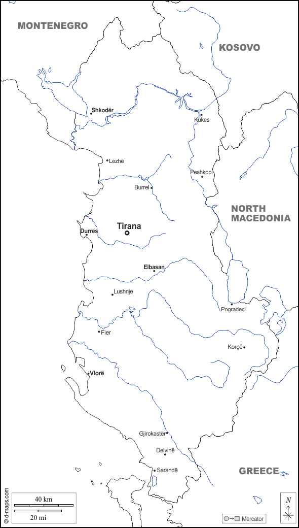 Albania : d-maps.com: mappa gratuita, mappa muta gratuita, cartina muta gratuita : frontiere, idrografia, principali città, nomi, bianco
