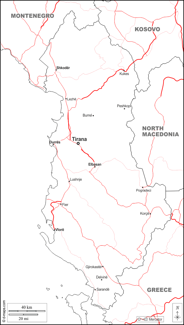 Albania : d-maps.com: mappa gratuita, mappa muta gratuita, cartina muta gratuita : frontiere, principali città, strade, nomi, bianco