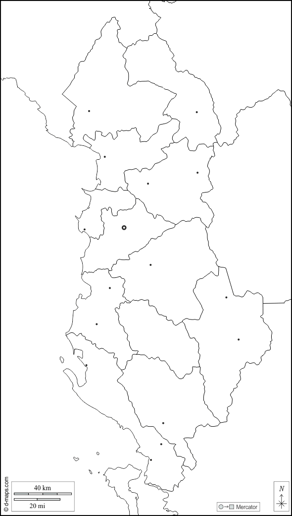 Albania : d-maps.com: mappa gratuita, mappa muta gratuita, cartina muta gratuita : frontiere, prefetture, principali città, bianco