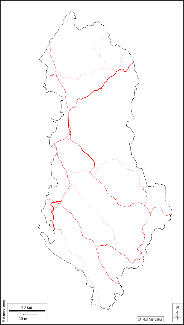Albania : d-maps.com: mappa gratuita, mappa muta gratuita, cartina muta gratuita : contorni, strade, bianco