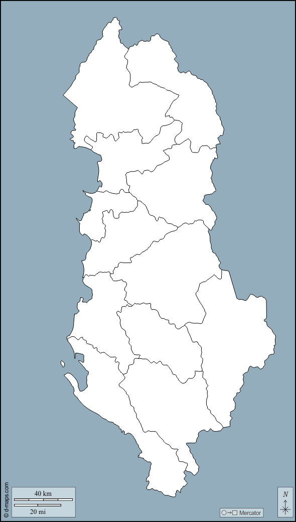 Albania : d-maps.com: mappa gratuita, mappa muta gratuita, cartina muta gratuita : contorni, prefetture