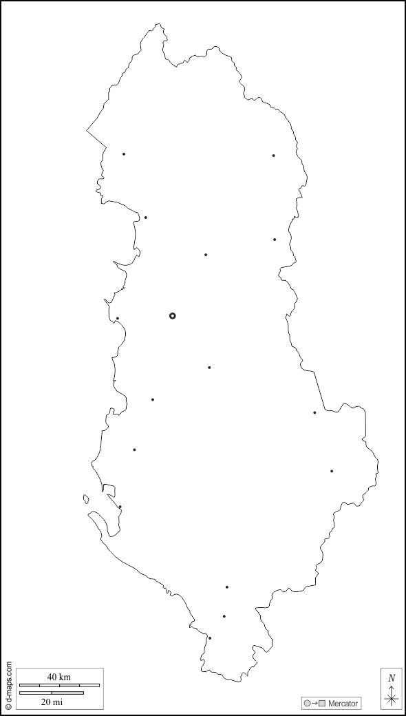 Albania : d-maps.com: mappa gratuita, mappa muta gratuita, cartina muta gratuita : contorni, principali città, bianco