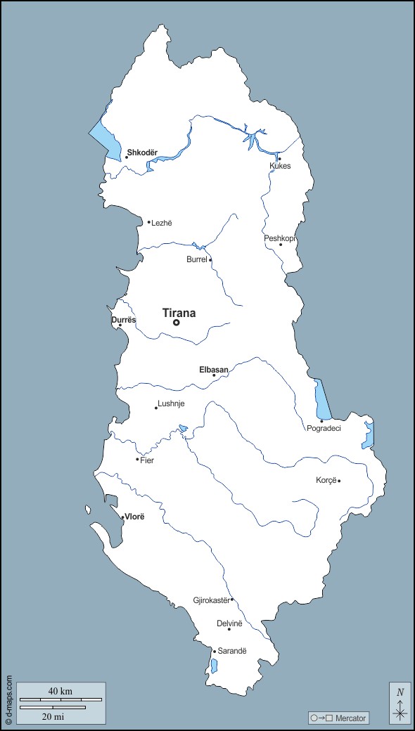 Albania : d-maps.com: mappa gratuita, mappa muta gratuita, cartina muta gratuita : contorni, idrografia, principali città, nomi
