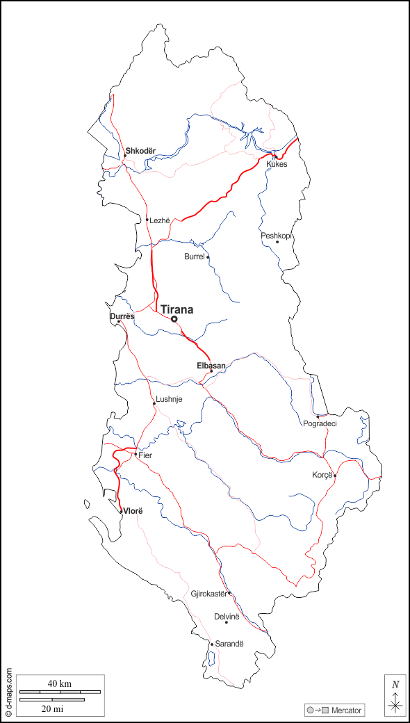Albania : d-maps.com: mappa gratuita, mappa muta gratuita, cartina muta gratuita : contorni, idrografia, principali città, strade, nomi, bianco