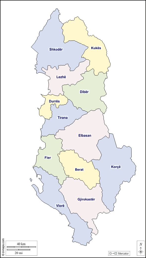 Albania : d-maps.com: mappa gratuita, mappa muta gratuita, cartina muta gratuita : contorni, prefetture, nomi, colore, bianco
