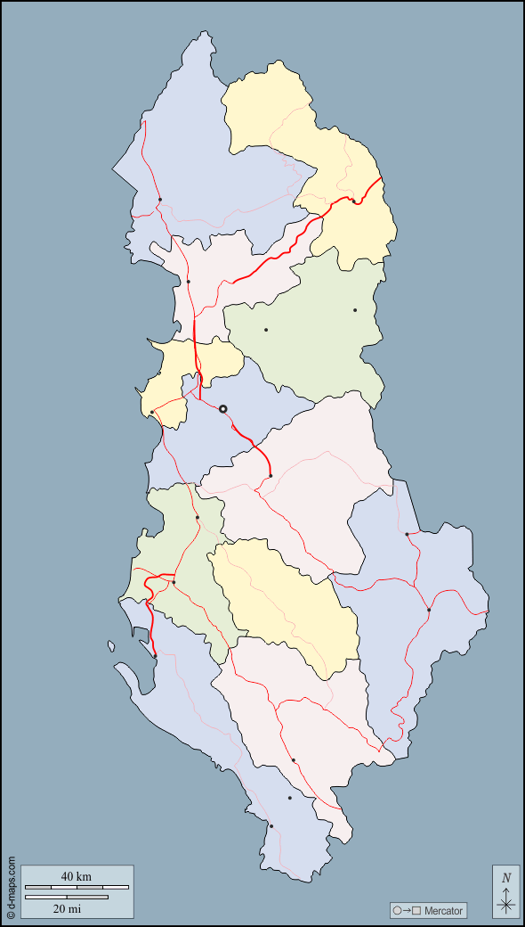 Albania : d-maps.com: mappa gratuita, mappa muta gratuita, cartina muta gratuita : contorni, prefetture, principali città, strade, colore