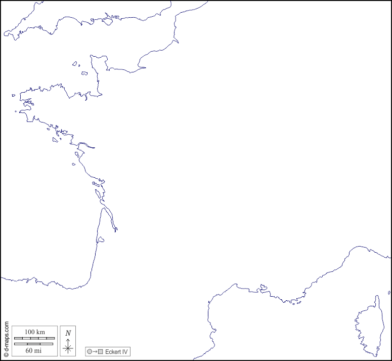 Francia : d-maps.com: mappa gratuita, mappa muta gratuita, cartina muta gratuita : litorali, bianco