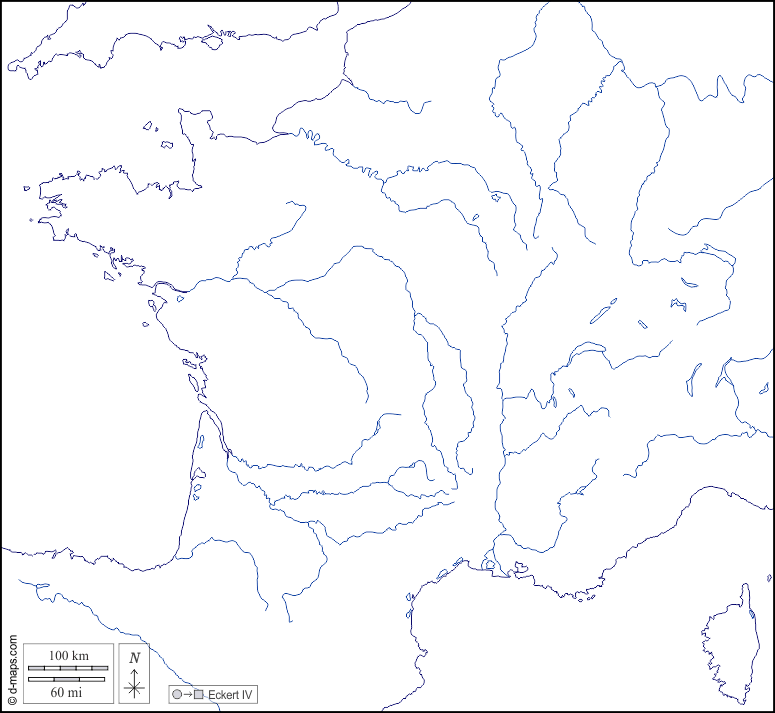 Francia : d-maps.com: mappa gratuita, mappa muta gratuita, cartina muta gratuita : litorali, idrografia