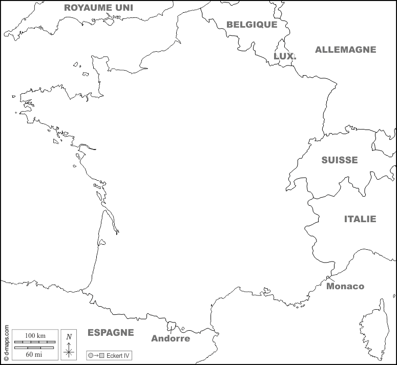 Francia : d-maps.com: mappa gratuita, mappa muta gratuita, cartina muta gratuita : frontiere, nomi, bianco