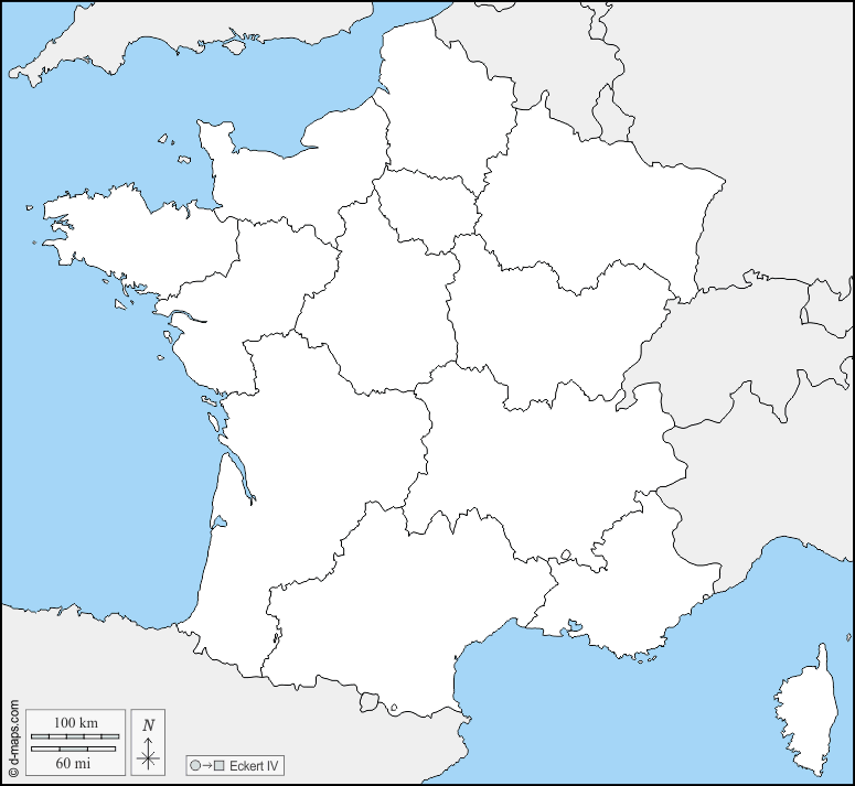 Francia : d-maps.com: mappa gratuita, mappa muta gratuita, cartina muta gratuita : frontiere, regioni