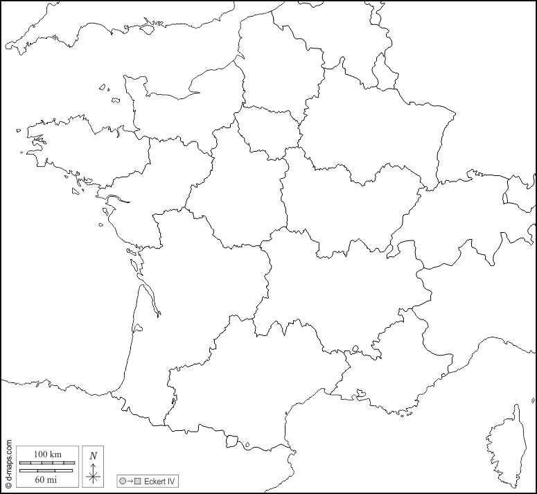 Francia : d-maps.com: mappa gratuita, mappa muta gratuita, cartina muta gratuita : frontiere, regioni, bianco