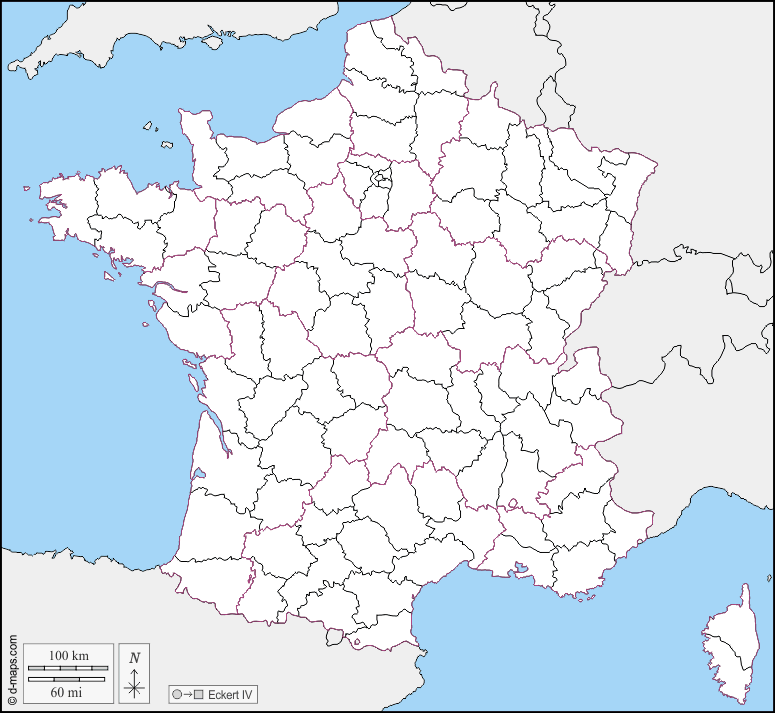 Francia : d-maps.com: mappa gratuita, mappa muta gratuita, cartina muta gratuita : frontiere, dipartimenti