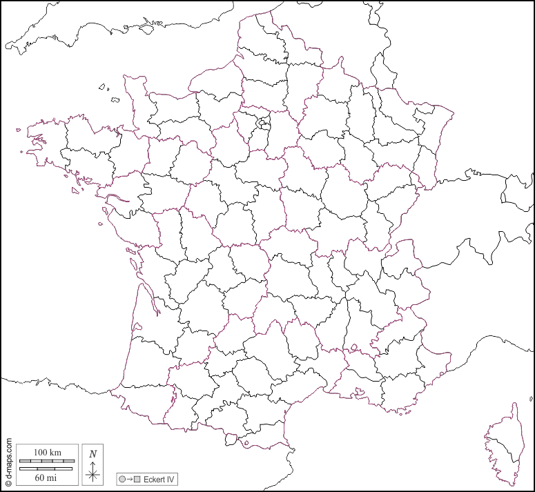 Francia : d-maps.com: mappa gratuita, mappa muta gratuita, cartina muta gratuita : frontiere, dipartimenti, bianco