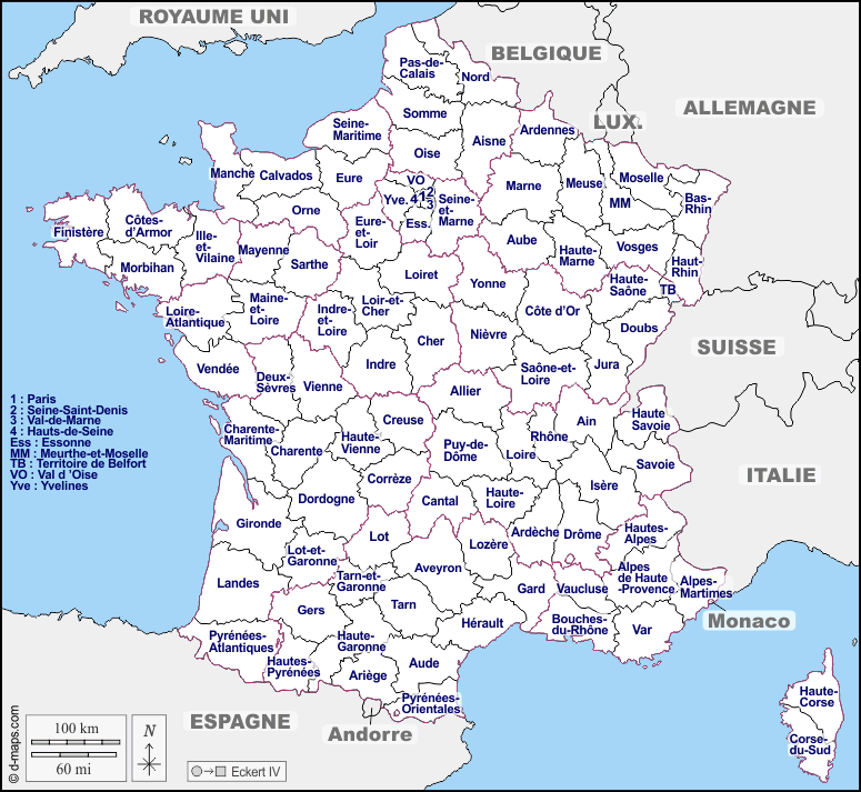 Frankreich : d-maps.com: Kostenlose Karten, kostenlose stumme Karte, kostenlose unausgefüllt Landkarte, kostenlose hochauflösende Umrisskarte : Grenzen, Departements, Namen