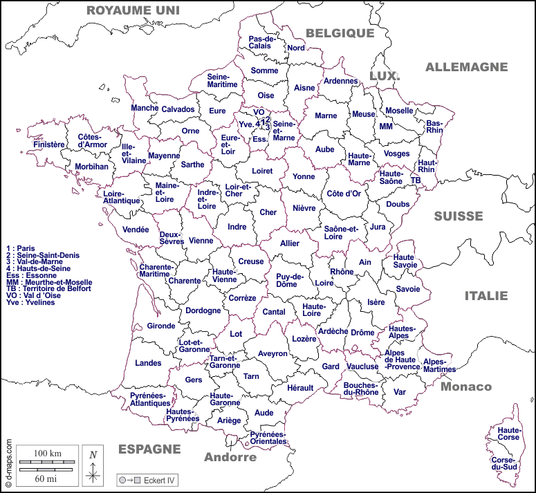 Francia : d-maps.com: mappa gratuita, mappa muta gratuita, cartina muta gratuita : frontiere, dipartimenti, nomi, bianco