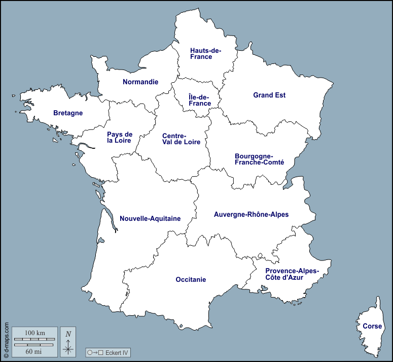 Francia : d-maps.com: mappa gratuita, mappa muta gratuita, cartina muta gratuita : contorni, regioni, nomi