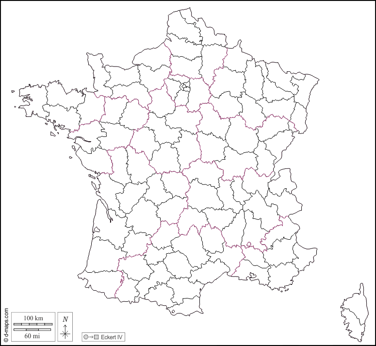 Francia : d-maps.com: mappa gratuita, mappa muta gratuita, cartina muta gratuita : contorni, dipartimenti, bianco