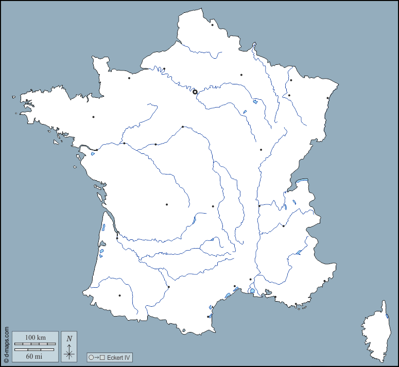 Francia : d-maps.com: mappa gratuita, mappa muta gratuita, cartina muta gratuita : contorni, idrografia, principali città