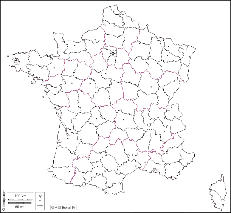 Francia : d-maps.com: mappa gratuita, mappa muta gratuita, cartina muta gratuita : contorni, dipartimenti, principali città, bianco
