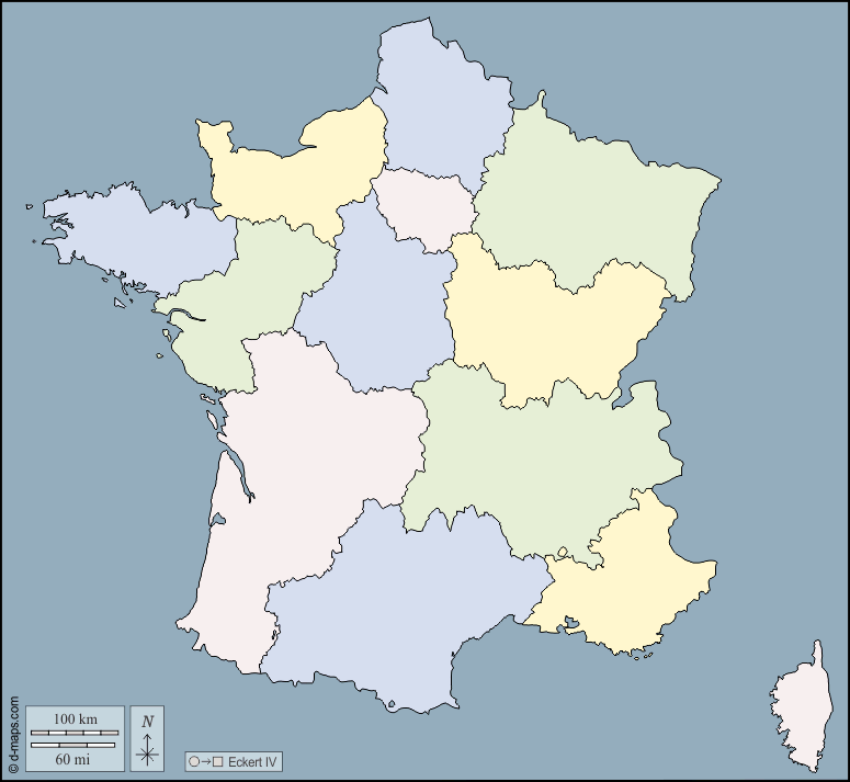 Francia : d-maps.com: mappa gratuita, mappa muta gratuita, cartina muta gratuita : contorni, regioni, colore