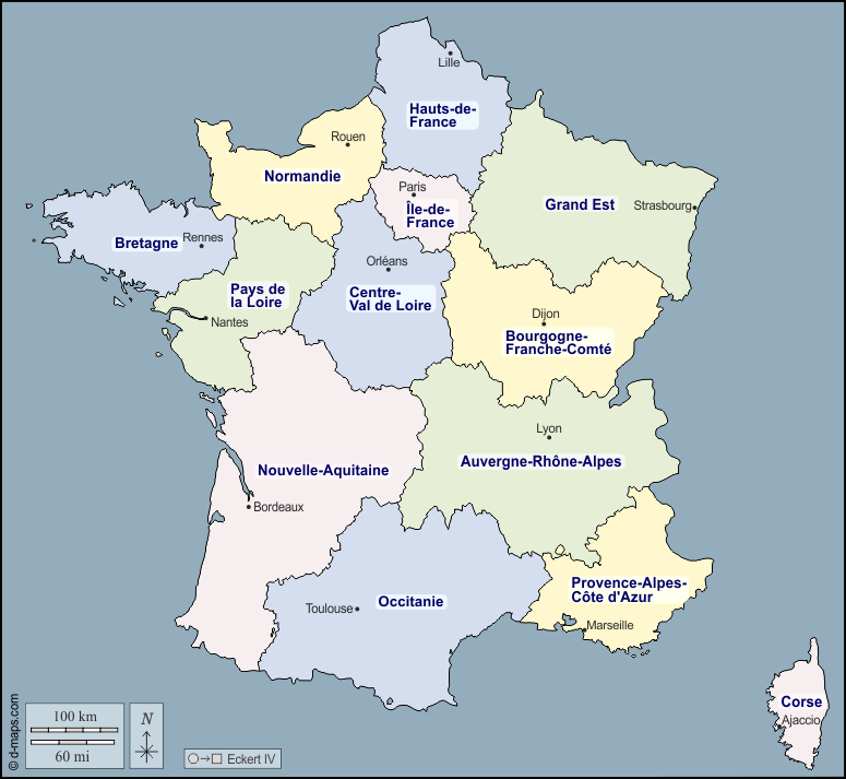 Francia : d-maps.com: mappa gratuita, mappa muta gratuita, cartina muta gratuita : contorni, regioni, Capitali delle regioni
, nomi, colore