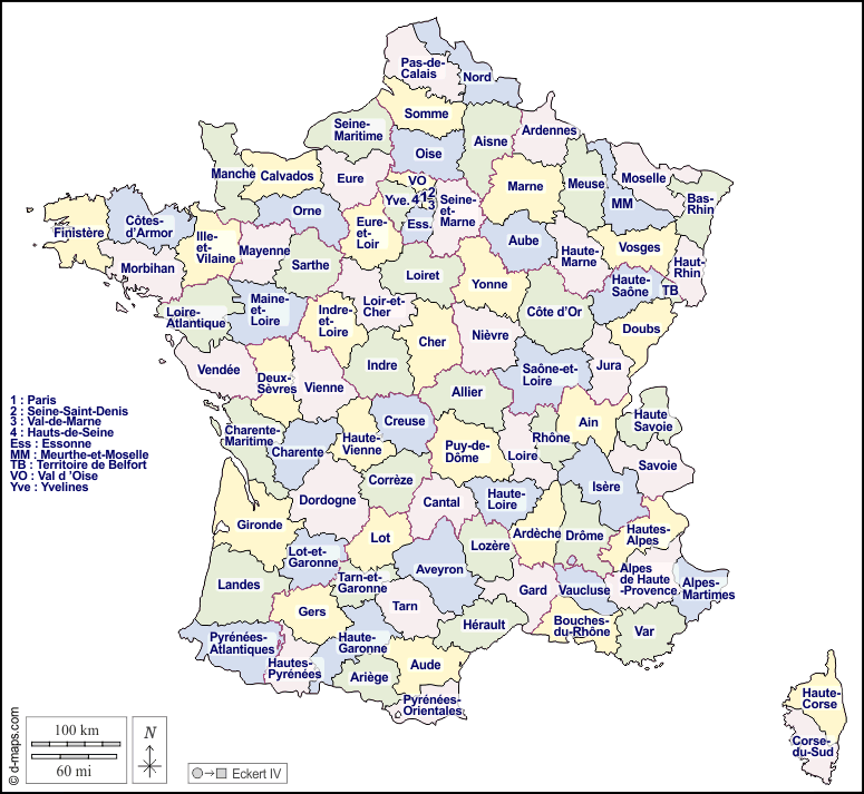 Frankreich : d-maps.com: Kostenlose Karten, kostenlose stumme Karte, kostenlose unausgefüllt Landkarte, kostenlose hochauflösende Umrisskarte : Umrisse, Departements, Namen, Farbe, weiß