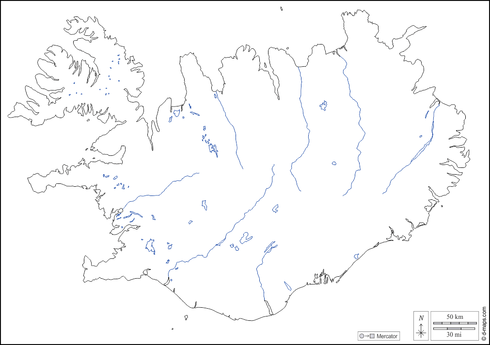 Islanda : d-maps.com: mappa gratuita, mappa muta gratuita, cartina muta gratuita : frontiere, idrografia, bianco