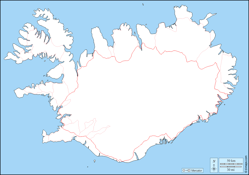Islanda : d-maps.com: mappa gratuita, mappa muta gratuita, cartina muta gratuita : frontiere, strade
