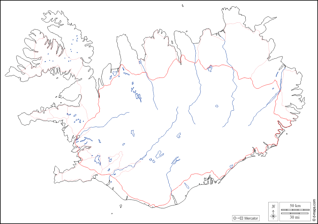 Islanda : d-maps.com: mappa gratuita, mappa muta gratuita, cartina muta gratuita : frontiere, idrografia, strade, bianco