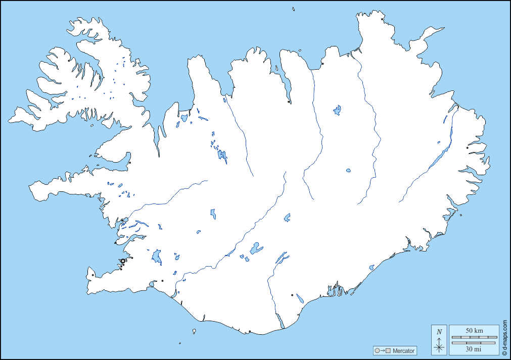 Islanda : d-maps.com: mappa gratuita, mappa muta gratuita, cartina muta gratuita : frontiere, idrografia, principali città