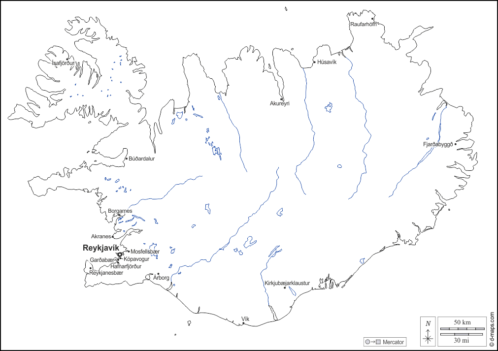 Islanda : d-maps.com: mappa gratuita, mappa muta gratuita, cartina muta gratuita : frontiere, idrografia, principali città, nomi, bianco