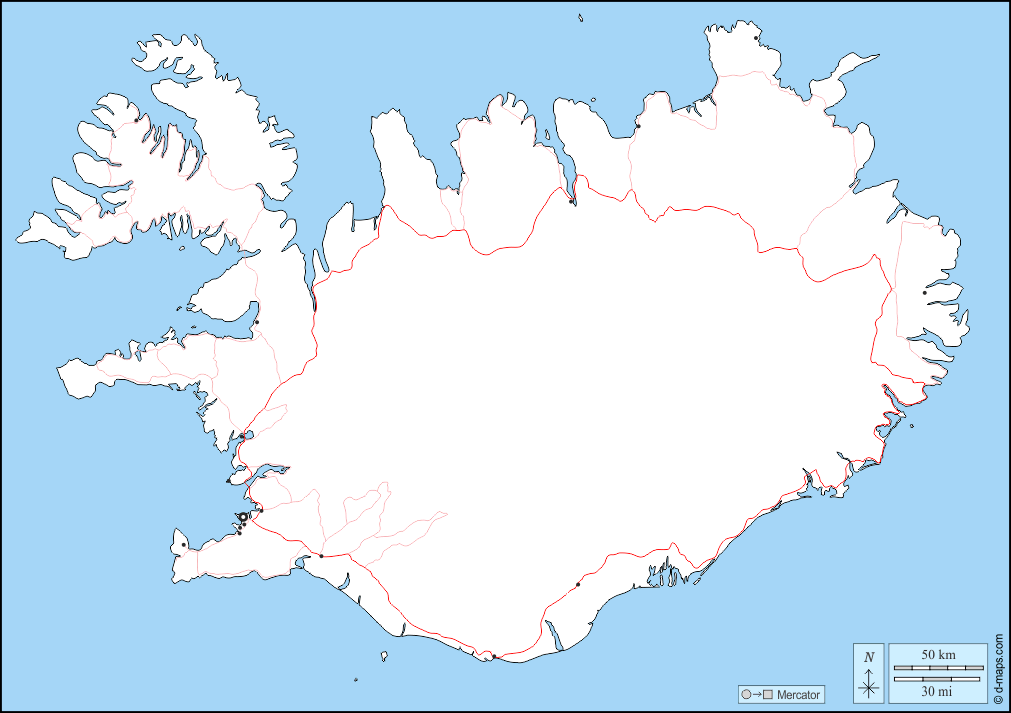 Islanda : d-maps.com: mappa gratuita, mappa muta gratuita, cartina muta gratuita : frontiere, principali città, strade
