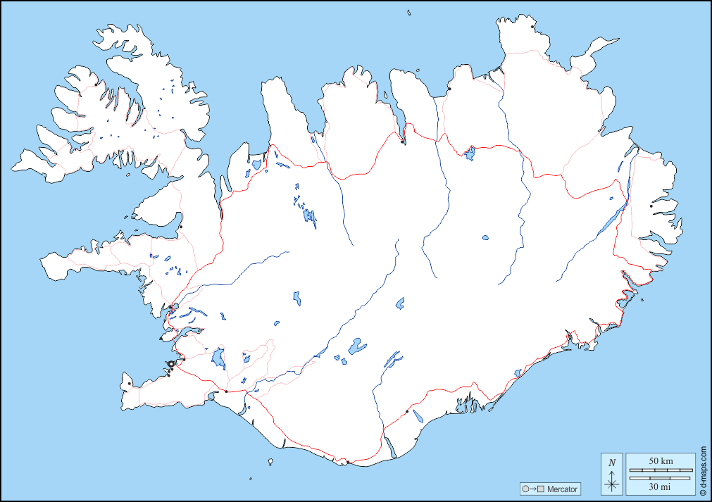 Islanda : d-maps.com: mappa gratuita, mappa muta gratuita, cartina muta gratuita : frontiere, idrografia, principali città, strade