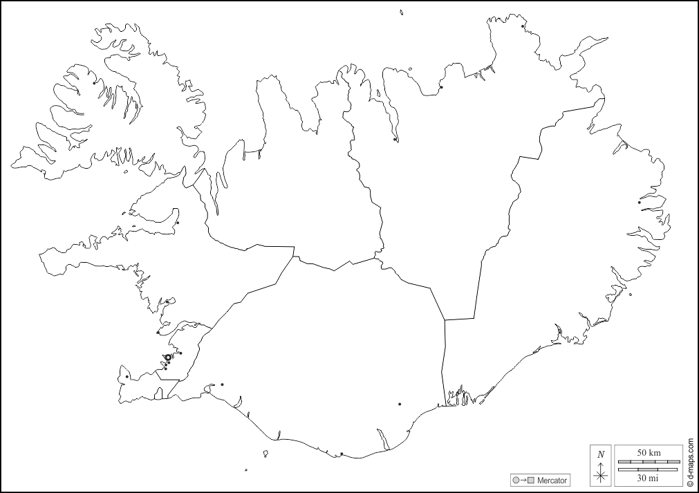 Islanda : d-maps.com: mappa gratuita, mappa muta gratuita, cartina muta gratuita : frontiere, regioni, principali città, bianco