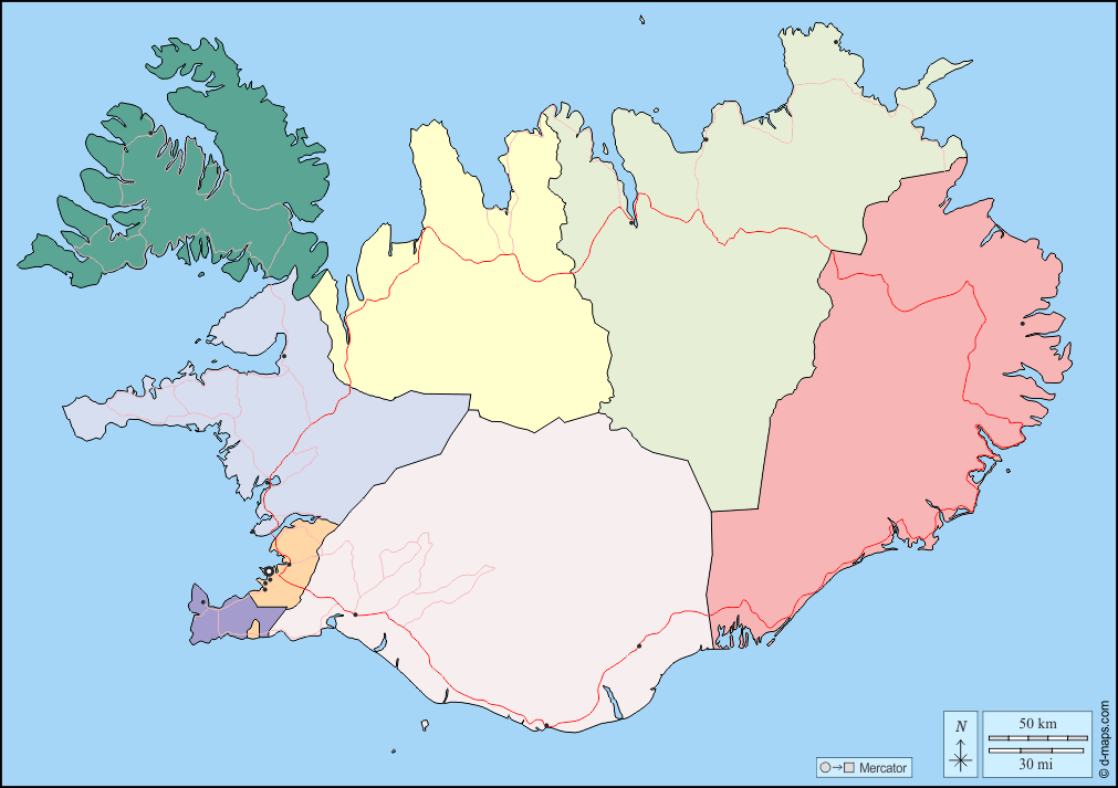 Islanda : d-maps.com: mappa gratuita, mappa muta gratuita, cartina muta gratuita : frontiere, regioni, principali città, strade, colore