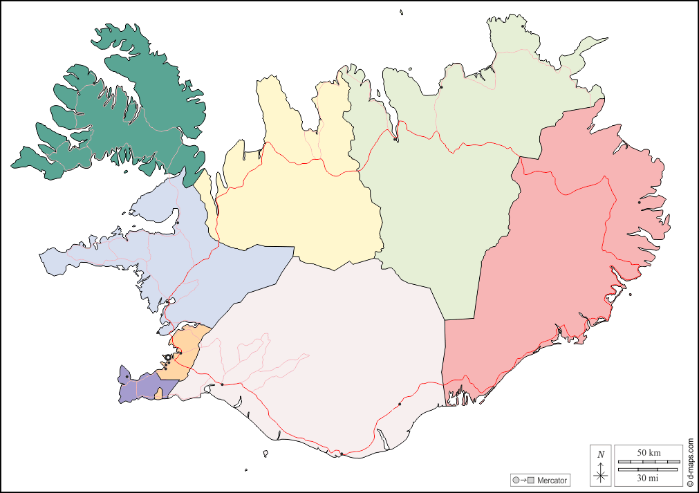 Islanda : d-maps.com: mappa gratuita, mappa muta gratuita, cartina muta gratuita : frontiere, regioni, principali città, strade, colore, bianco