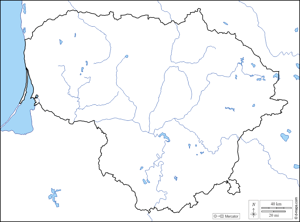Lituania : d-maps.com: mappa gratuita, mappa muta gratuita, cartina muta gratuita : litorali, limiti, idrografia