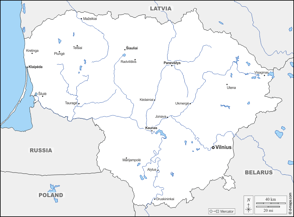 Lituania : d-maps.com: mappa gratuita, mappa muta gratuita, cartina muta gratuita : frontiere, idrografia, principali città, nomi