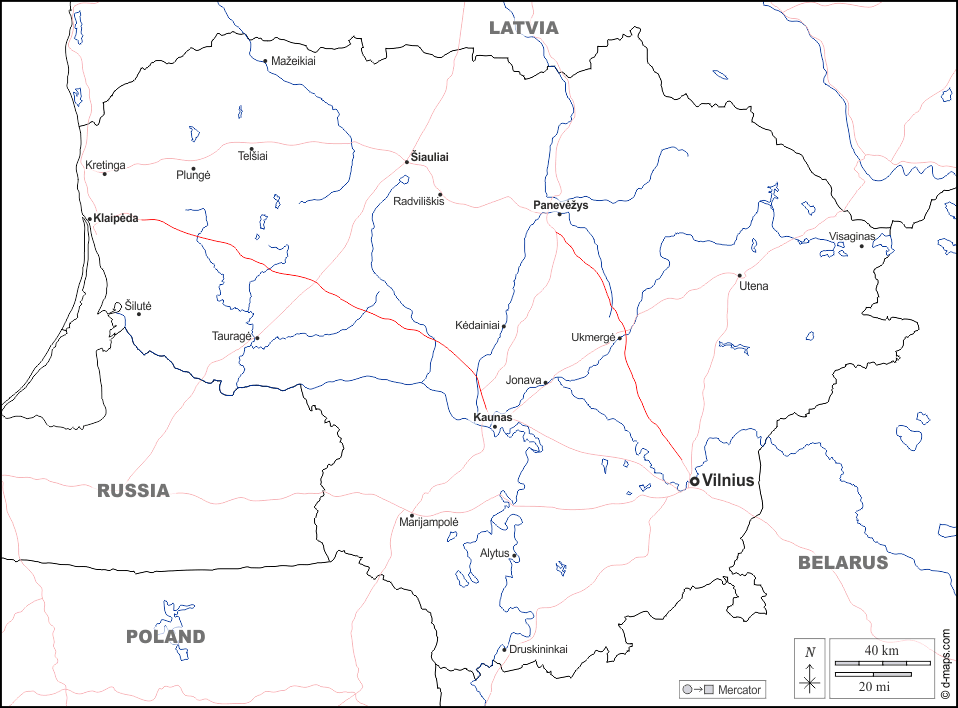 Lituania : d-maps.com: mappa gratuita, mappa muta gratuita, cartina muta gratuita : frontiere, idrografia, principali città, strade, nomi, bianco