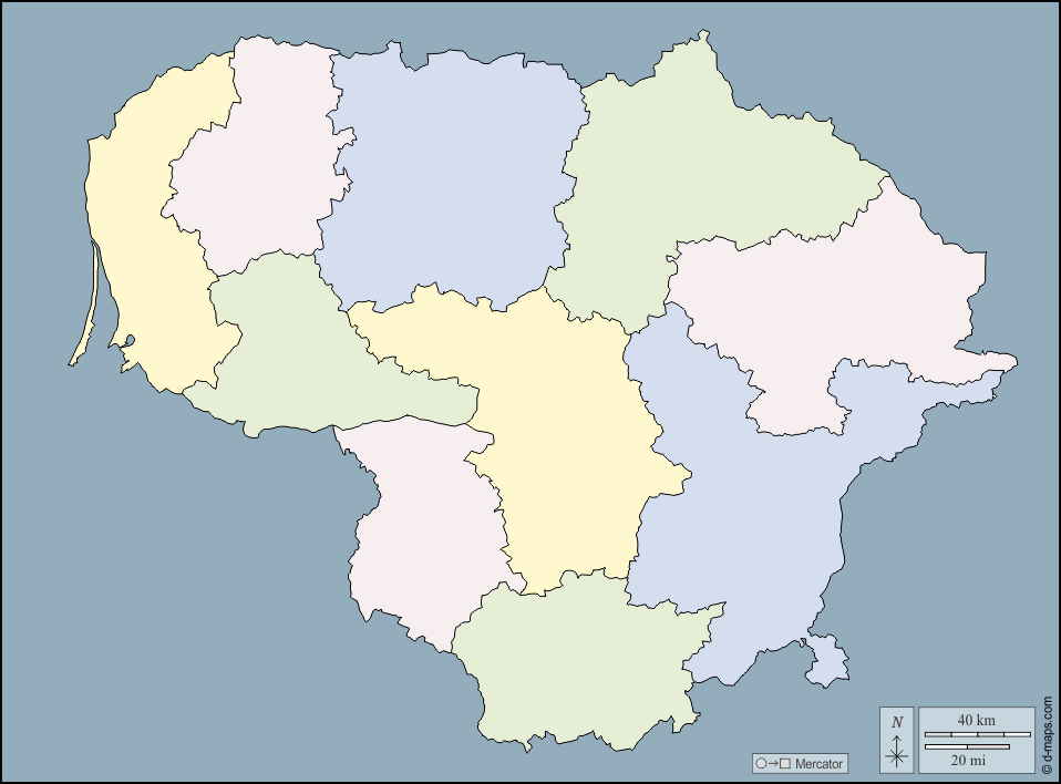 Lituania : d-maps.com: mappa gratuita, mappa muta gratuita, cartina muta gratuita : contorni, regioni, colore