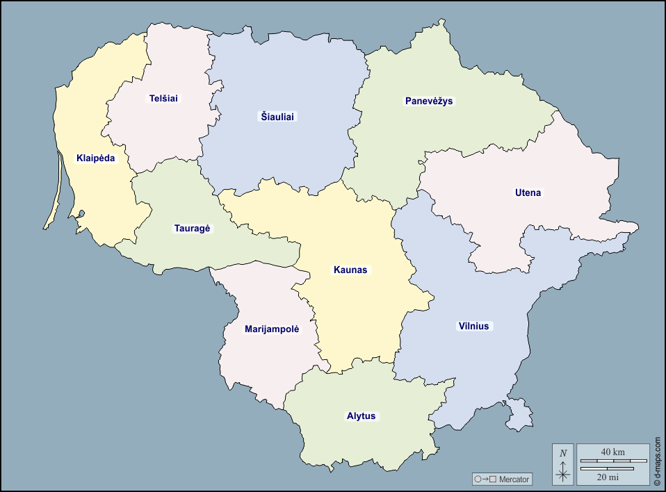 Lituania : d-maps.com: mappa gratuita, mappa muta gratuita, cartina muta gratuita : contorni, regioni, nomi, colore