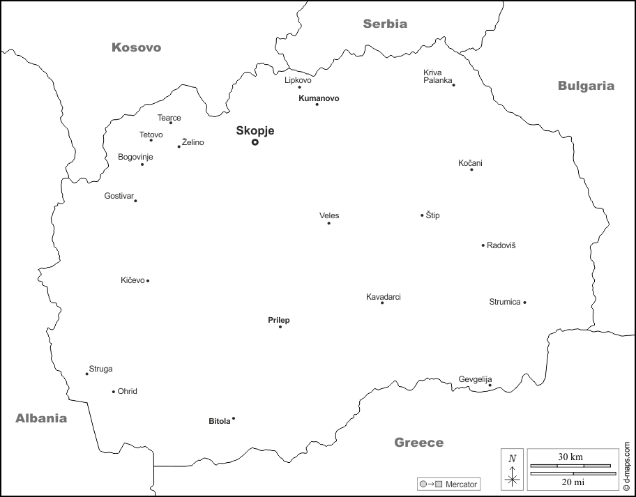 Macedonia del Nord : d-maps.com: mappa gratuita, mappa muta gratuita, cartina muta gratuita : frontiere, principali città, nomi, bianco