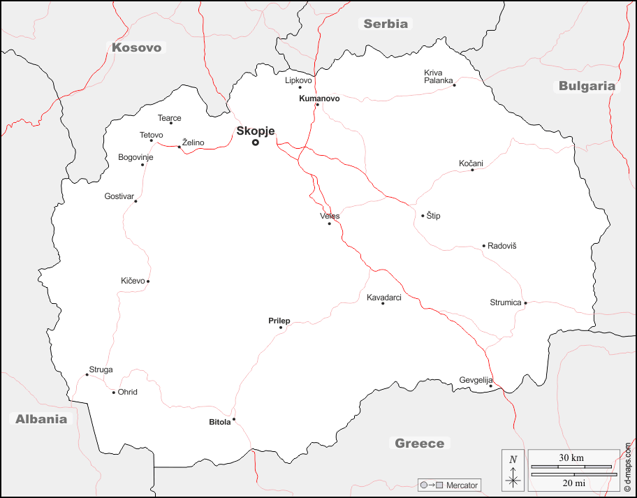 Macedonia del Nord : d-maps.com: mappa gratuita, mappa muta gratuita, cartina muta gratuita : frontiere, principali città, strade, nomi