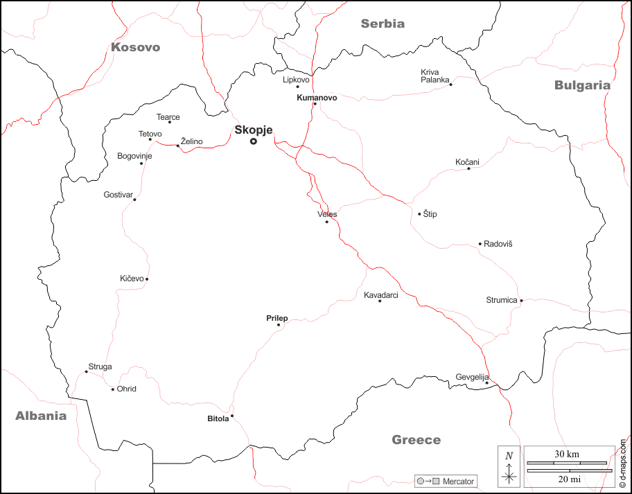 Macedonia del Nord : d-maps.com: mappa gratuita, mappa muta gratuita, cartina muta gratuita : frontiere, principali città, strade, nomi, bianco