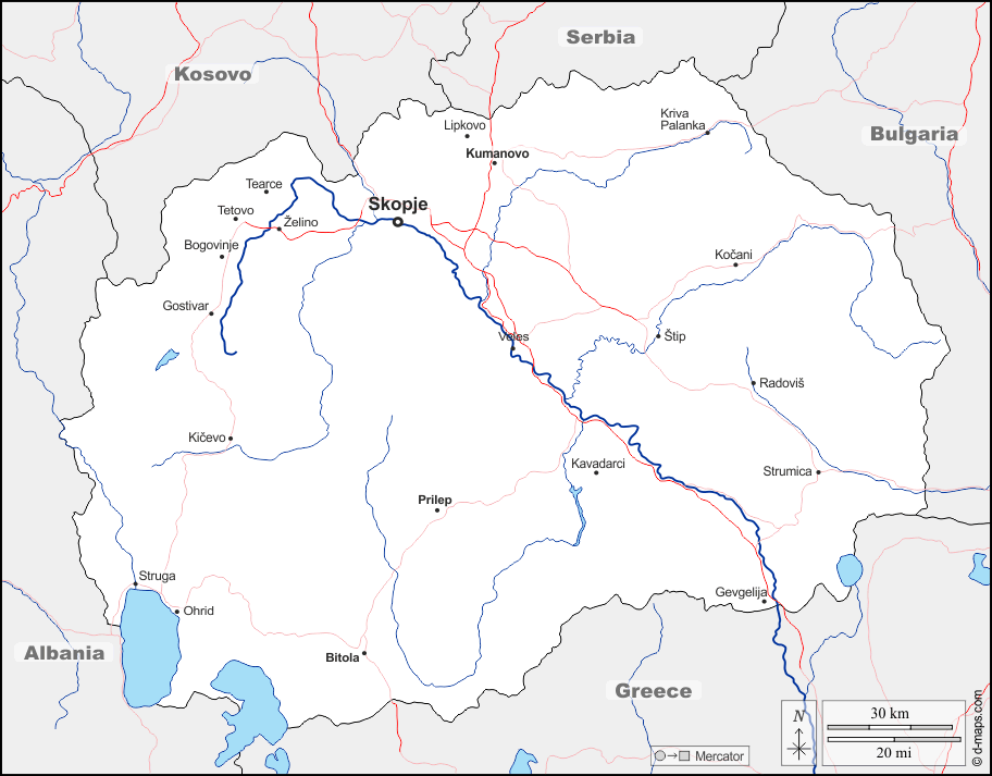 Macedonia del Nord : d-maps.com: mappa gratuita, mappa muta gratuita, cartina muta gratuita : frontiere, idrografia, principali città, strade, nomi