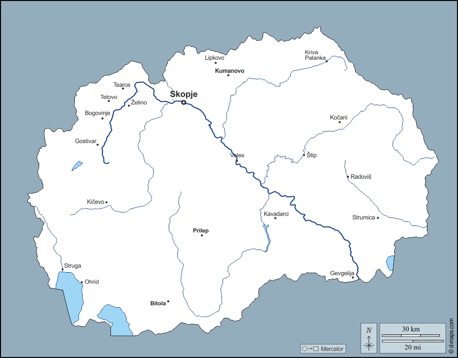 Macedonia del Nord : d-maps.com: mappa gratuita, mappa muta gratuita, cartina muta gratuita : contorni, idrografia, principali città, nomi