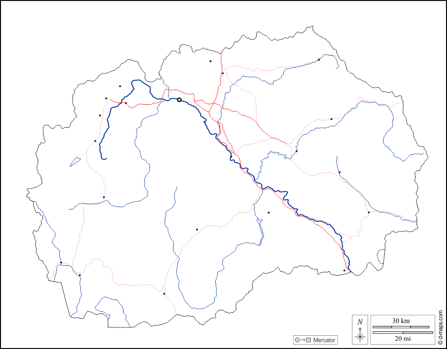 Macedonia del Nord : d-maps.com: mappa gratuita, mappa muta gratuita, cartina muta gratuita : contorni, idrografia, principali città, strade, bianco